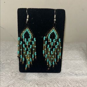 Turquoise and Gold Beaded Dangle Earrings